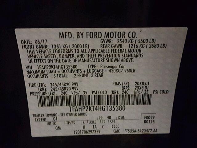 1FAHP2KT4HG135380 - 2017 FORD TAURUS SHO BLACK photo 10