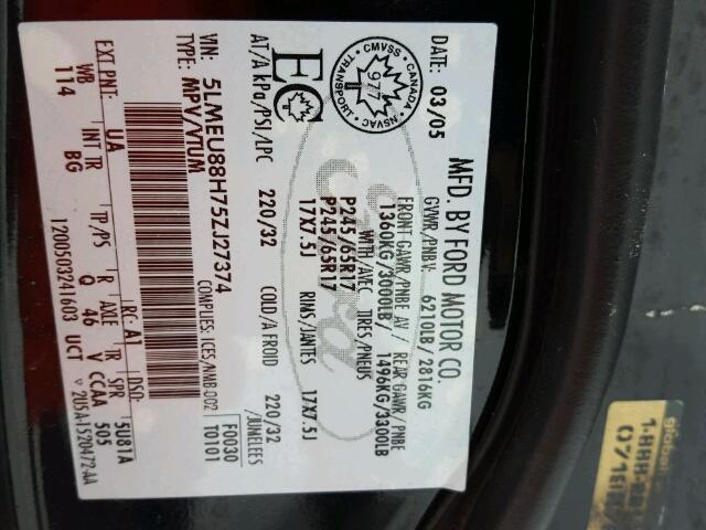 5LMEU88H75ZJ27374 - 2005 LINCOLN AVIATOR 黑色 照片 10