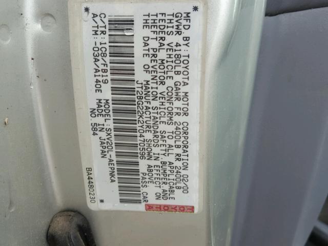 JT2BG22K2Y0470596 - 2000 TOYOTA CAMRY CE SILVER photo 10