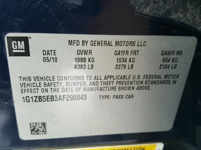 1G1ZB5EB3AF298043 - 2010 CHEVROLET MALIBU LS BLUE photo 10