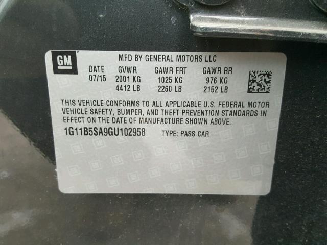 1G11B5SA9GU102958 - 2016 CHEVROLET MALIBU LIM 黑色 照片 10