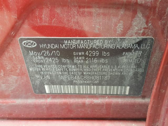 5NPEB4AC8BH081187 - 2011 HYUNDAI SONATA GLS RED photo 10