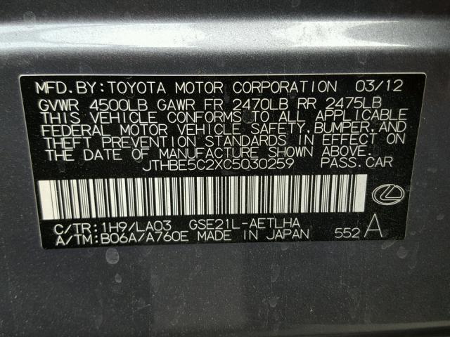 JTHBE5C2XC5030259 - 2012 LEXUS IS 350 CHARCOAL photo 10