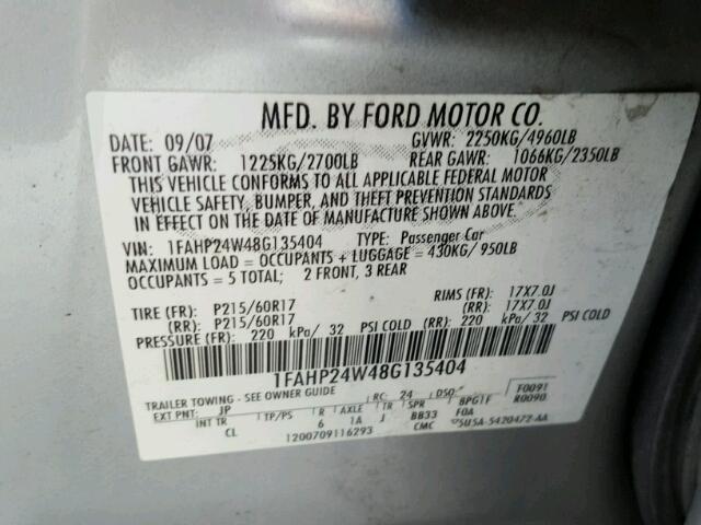 1FAHP24W48G135404 - 2008 FORD TAURUS SEL SILVER photo 10