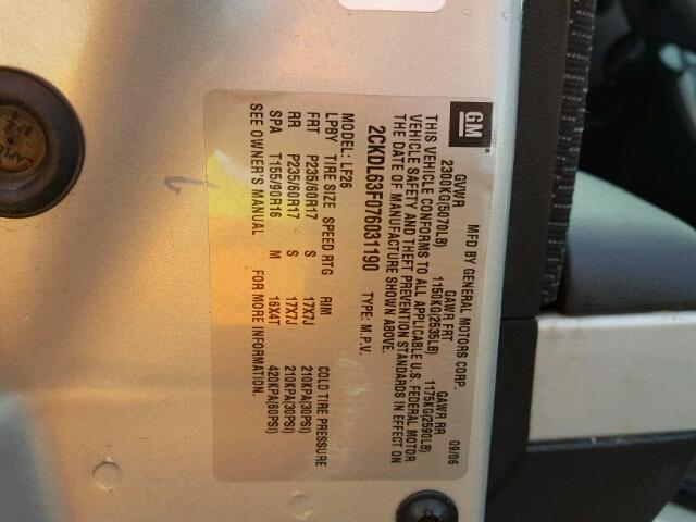 2CKDL63F076031190 - 2007 PONTIAC TORRENT SILVER photo 10