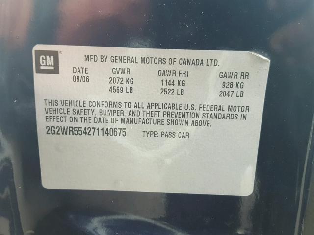 2G2WR554271140675 - 2007 PONTIAC GRAND PRIX BLUE photo 10