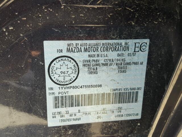 1YVHP80C475M50698 - 2007 MAZDA 6 I შავი ფოტო 10