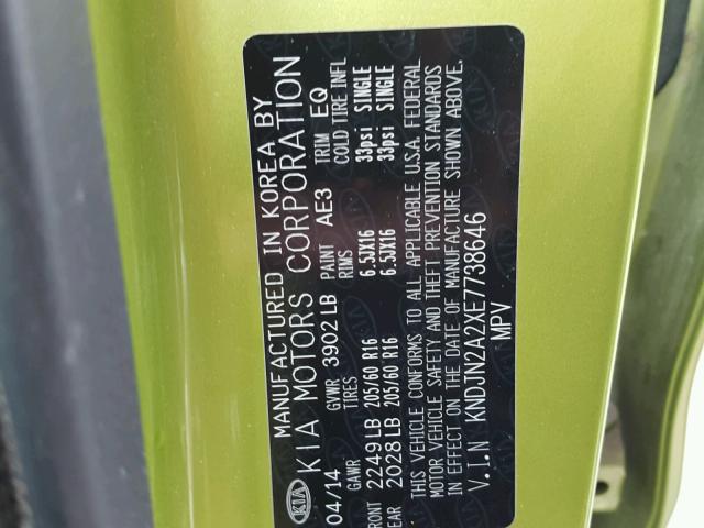 KNDJN2A2XE7738646 - 2014 KIA SOUL GREEN photo 10