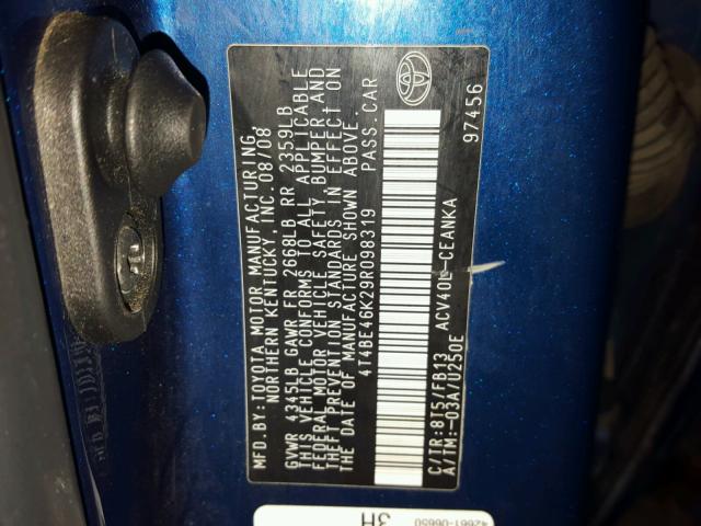 4T4BE46K29R098319 - 2009 TOYOTA CAMRY BASE BLUE photo 10