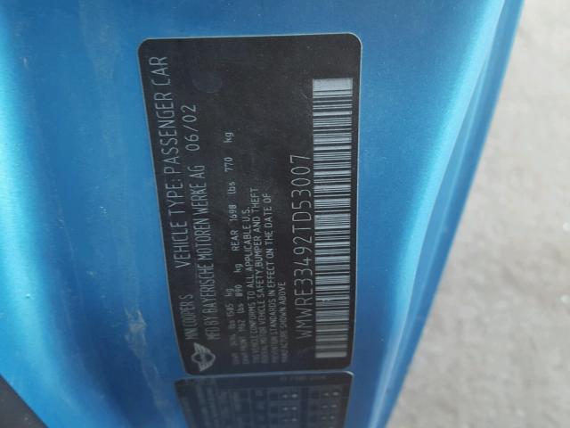 WMWRE33492TD53007 - 2002 MINI COOPER S 蓝色 照片 10