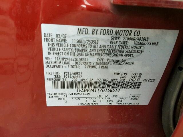 1FAHP24117G158514 - 2007 FORD FIVE HUNDR MAROON photo 10