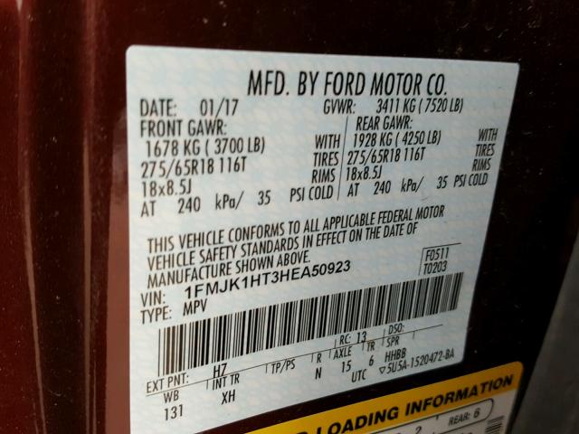 1FMJK1HT3HEA50923 - 2017 FORD EXPEDITION MAROON photo 10