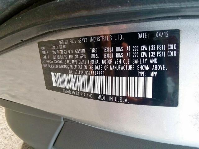 4S4WX9GD3C4402235 - 2012 SUBARU TRIBECA LI 银色 照片 10
