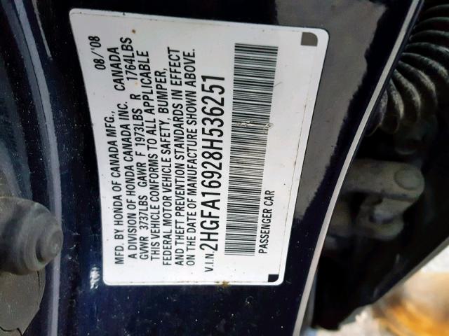 2HGFA16928H536251 - 2008 HONDA CIVIC EXL BLUE photo 10