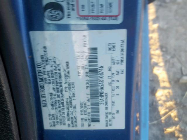 3FAHP0HA5AR108746 - 2010 FORD FUSION SE BLUE photo 10