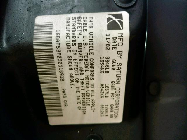 1G8AF52F23Z116912 - 2003 SATURN ION LEVEL BURGUNDY photo 10