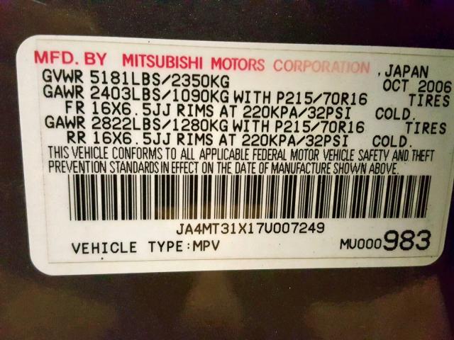 JA4MT31X17U007249 - 2007 MITSUBISHI OUTLANDER GRAY photo 10