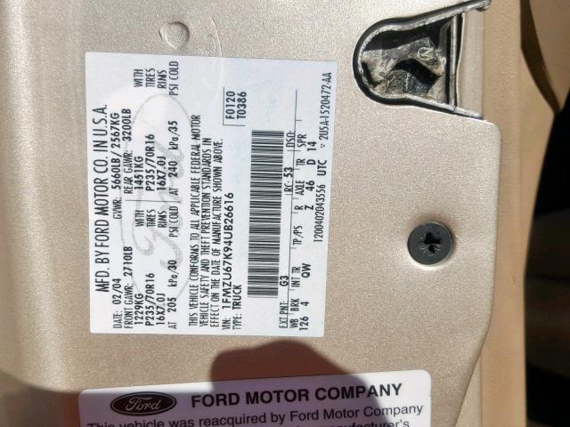 1FMZU67K94UB26616 - 2004 FORD EXPLORER S TAN photo 10