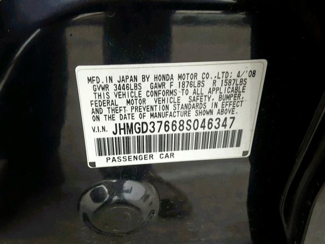 JHMGD37668S046347 - 2008 HONDA FIT SPORT BLACK photo 10