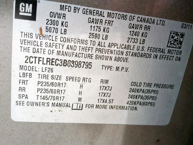 2CTFLREC3B6398795 - 2011 GMC TERRAIN SL BROWN photo 10