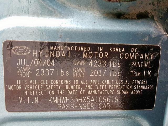 KMHWF35HX5A109619 - 2005 HYUNDAI SONATA GLS BLUE photo 10