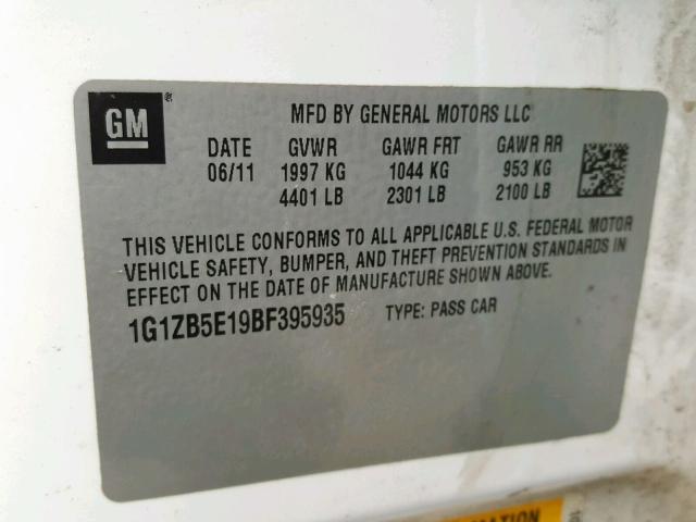 1G1ZB5E19BF395935 - 2011 CHEVROLET MALIBU LS WHITE photo 10