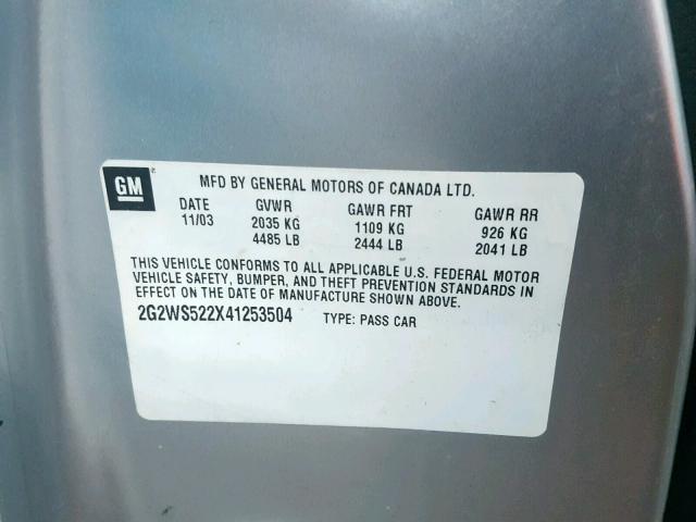 2G2WS522X41253504 - 2004 PONTIAC GRAND PRIX SILVER photo 10