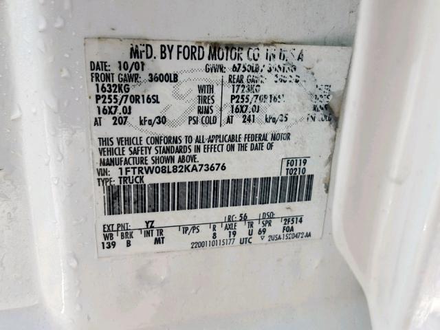 1FTRW08L82KA73676 - 2002 FORD F150 SUPER WHITE photo 10