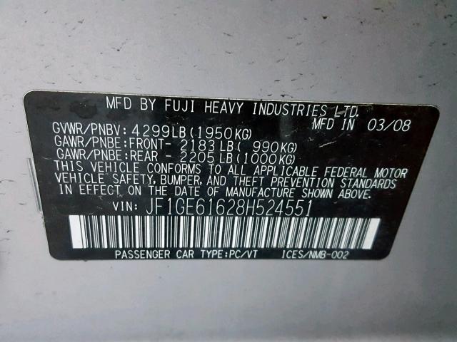 JF1GE61628H524551 - 2008 SUBARU IMPREZA 2. SILVER photo 10