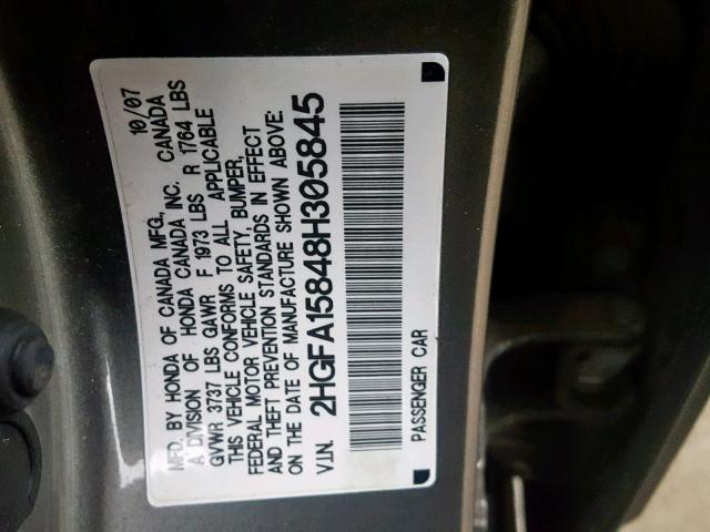 2HGFA15848H305845 - 2008 HONDA CIVIC EX GRAY photo 10