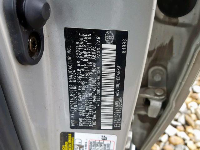 4T1BE30K95U960359 - 2005 TOYOTA CAMRY LE ვერცხლისფერი ფოტო 10