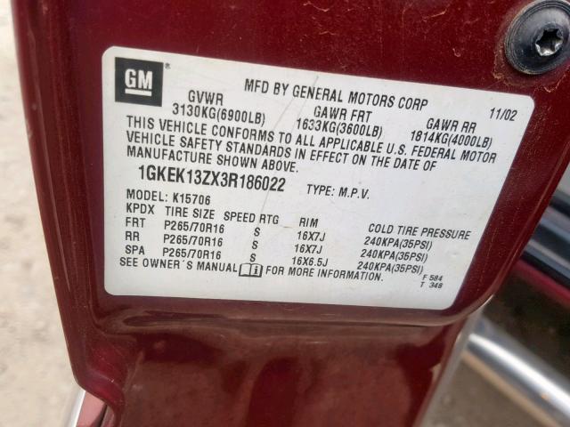 1GKEK13ZX3R186022 - 2003 GMC YUKON BURGUNDY photo 10