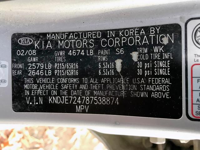 KNDJE724787538874 - 2008 KIA SPORTAGE L SILVER photo 10