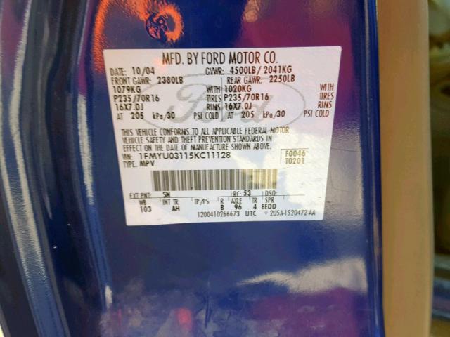 1FMYU03115KC11128 - 2005 FORD ESCAPE XLT BLUE photo 10