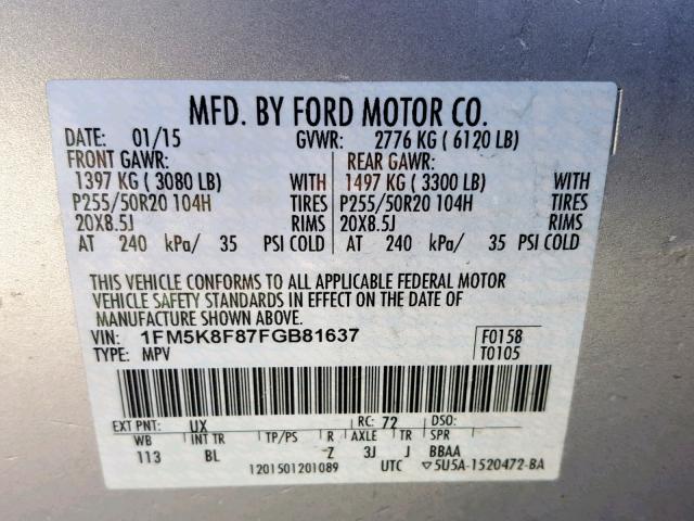 1FM5K8F87FGB81637 - 2015 FORD EXPLORER L SILVER photo 10