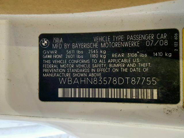 WBAHN83578DT87755 - 2008 BMW 750 LI WHITE photo 10