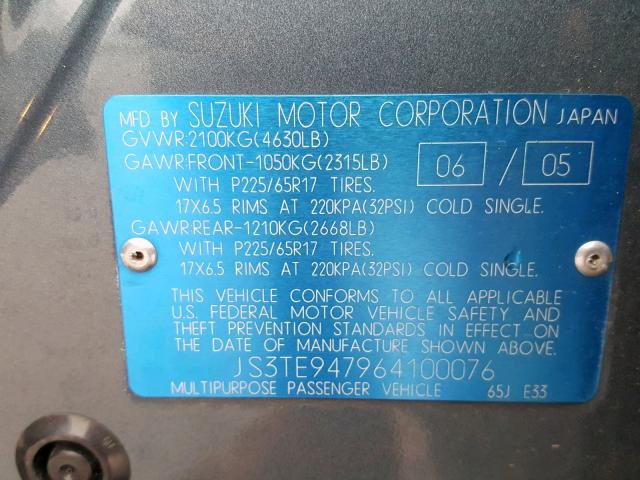 JS3TE947964100076 - 2006 SUZUKI GRAND VITA BLUE photo 10