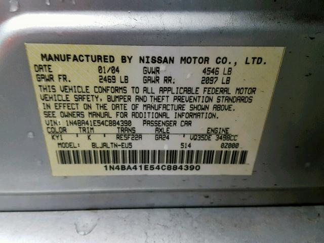 1N4BA41E54C884390 - 2004 NISSAN MAXIMA SE SILVER photo 10