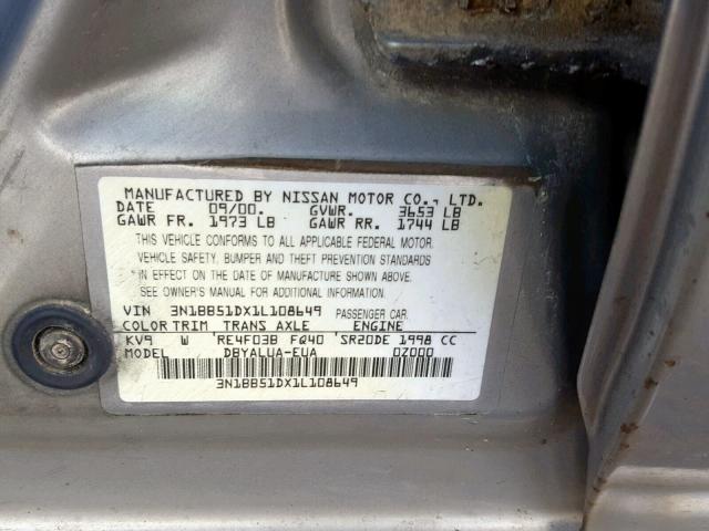 3N1BB51DX1L108649 - 2001 NISSAN SENTRA SE TAN photo 10