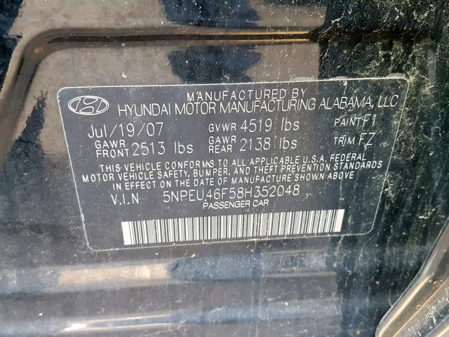 5NPEU46F58H352048 - 2008 HYUNDAI SONATA SE BLACK photo 10