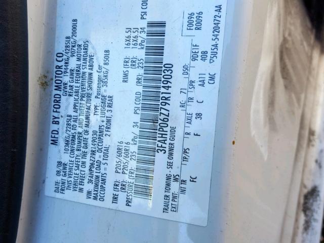 3FAHP06Z79R149030 - 2009 FORD FUSION S WHITE photo 10