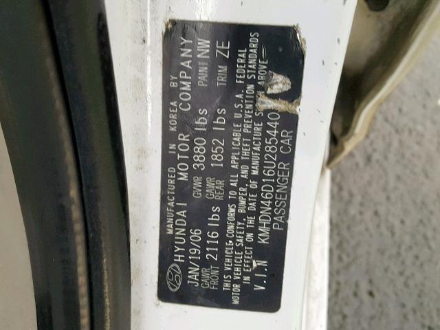KMHDN46D16U285440 - 2006 HYUNDAI ELANTRA GL 白色 照片 10