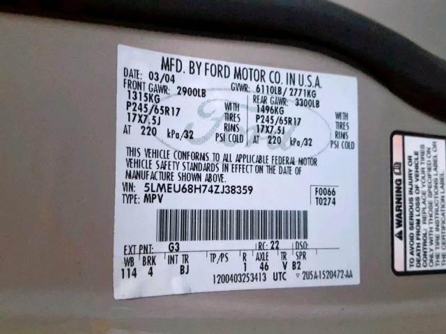 5LMEU68H74ZJ38359 - 2004 LINCOLN AVIATOR 金色 照片 10