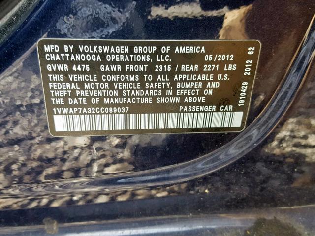 1VWAP7A32CC089037 - 2012 VOLKSWAGEN PASSAT S BLUE photo 10