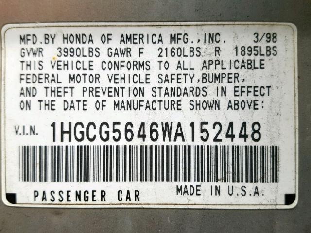 1HGCG5646WA152448 - 1998 HONDA ACCORD LX SILVER photo 10