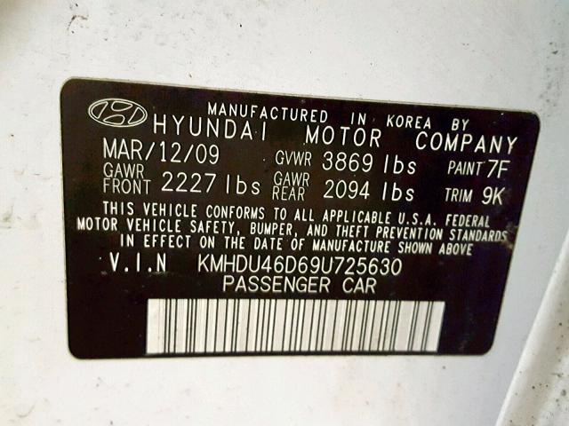 KMHDU46D69U725630 - 2009 HYUNDAI ELANTRA GL 白色 照片 10
