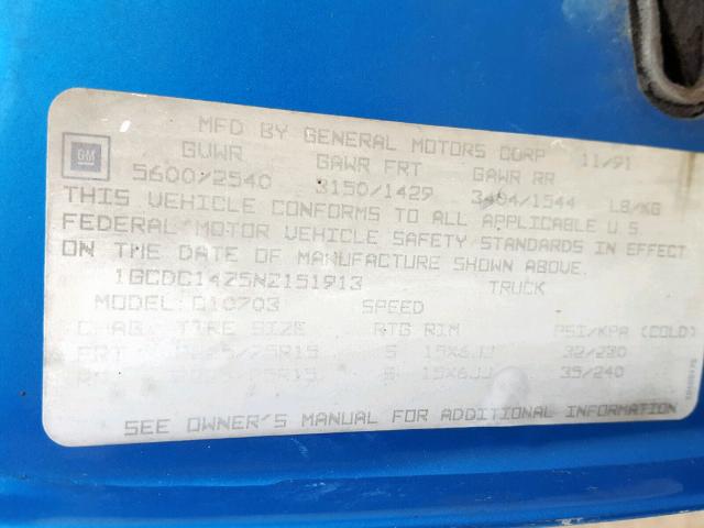 1GCDC14Z5NZ151913 - 1992 CHEVROLET 1500 SILVE BLUE photo 10