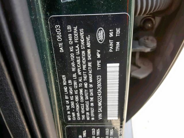 SALNM22243A280923 - 2003 LAND ROVER FREELANDER GREEN photo 10