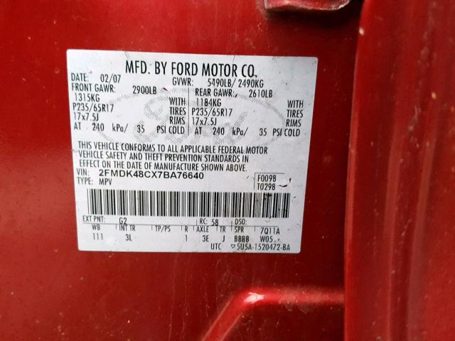 2FMDK48CX7BA76640 - 2007 FORD EDGE SEL RED photo 10