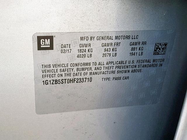 1G1ZB5ST0HF233710 - 2017 CHEVROLET MALIBU LS SILVER photo 10